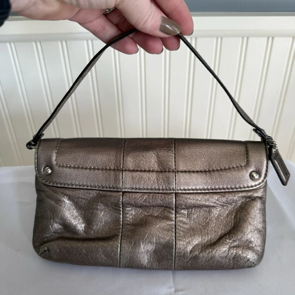 COACH KRISTIN Soft Pebbled Leather Silver Metallic Wristlet Top Handle Mini Bag